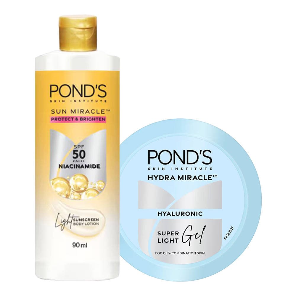 Ponds Super Light Gel Oil - Free Face Moisturizer & Sun Miracle SPF 50 Body Lotion Combo