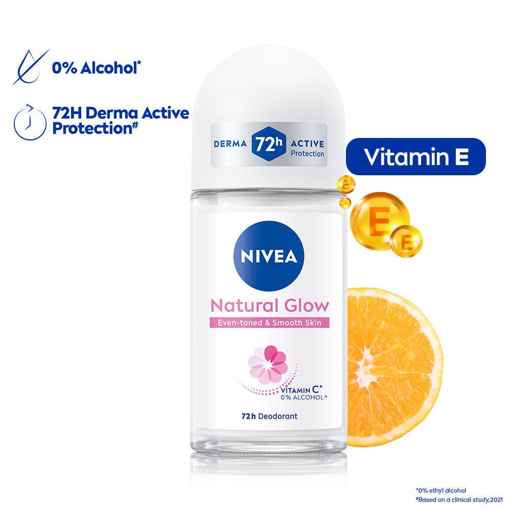 Nivea Natural Glow Even Toned Vit C & 0% Alcohol Deo Underarm Roll On 72Hr Active Protection Smooth Skin