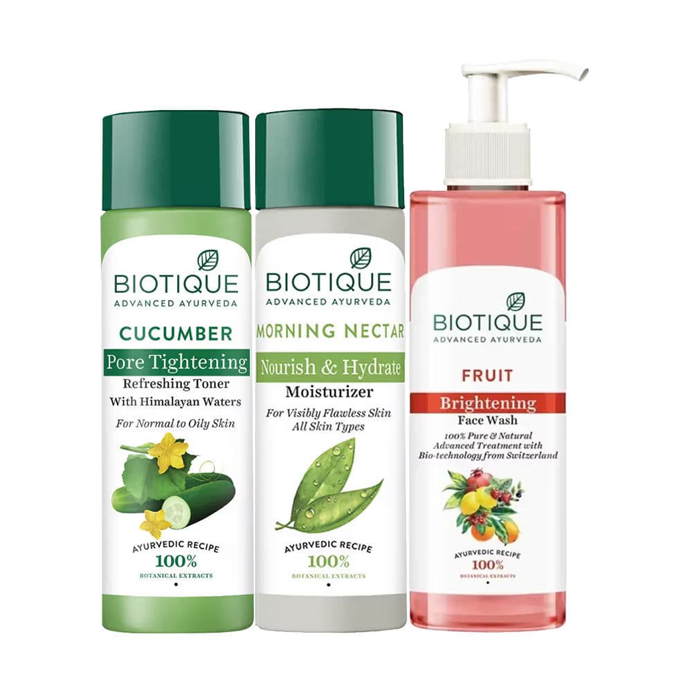 Biotique Fruit Brighting Face Wash, Cucumber Toner & Morning Necter Moisturizer CTM Combo