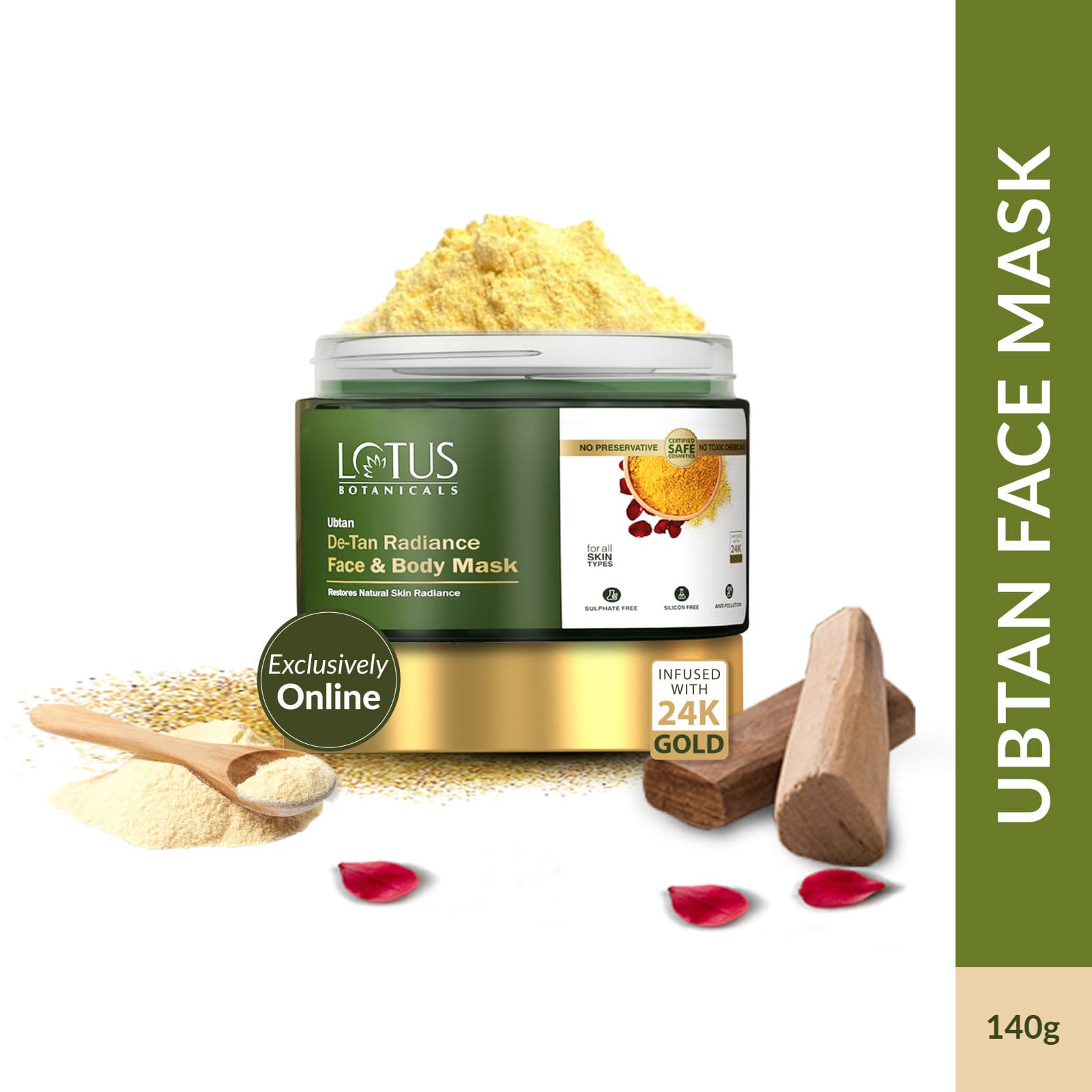Lotus Botanicals Ubtan De-Tan Radiance Face And Body Mask,Infused with 24K Gold,Reduce Skin Tanning