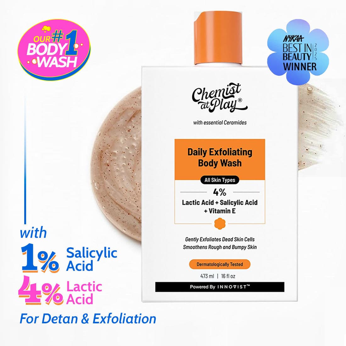 Chemist at Play 1% Salicylic Acid & 4% Lactic Acid Exfoliating Body Wash, Detans & Treats Bumpy Skin
