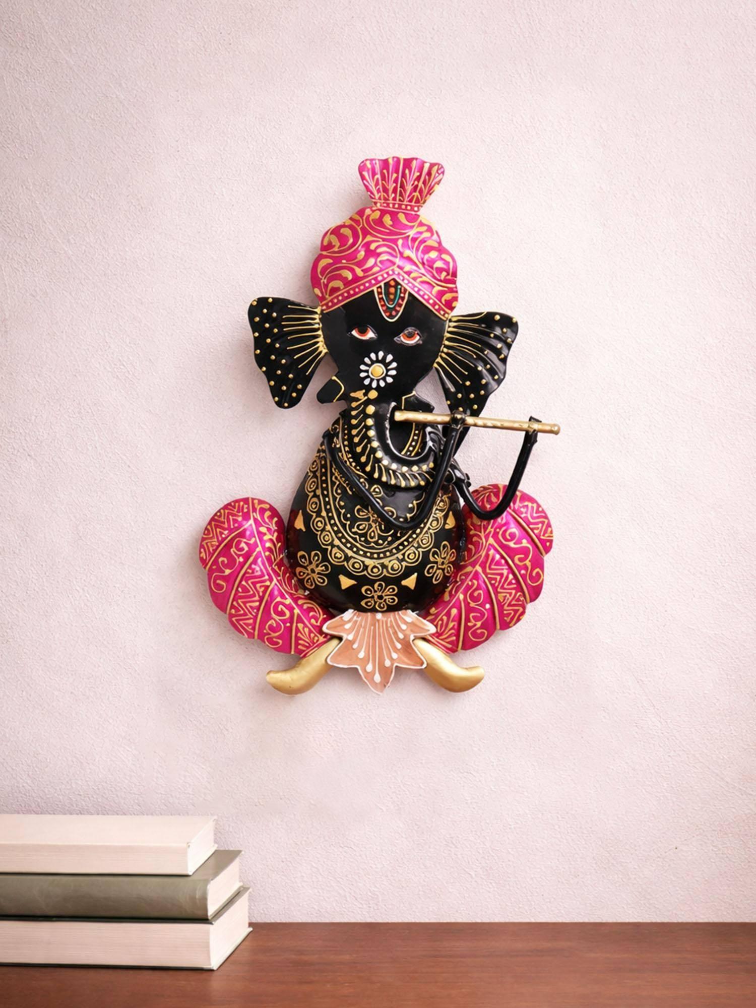 Golden Peacock Multi-Colour Handicrafts Paradise Lord Ganesh Playing Musical Instrument Wall Hanging