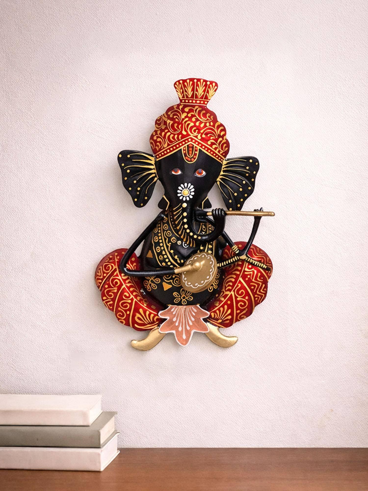Golden Peacock Multi-Colour Handicrafts Paradise Lord Ganesh Playing Musical Instrument Wall Hanging