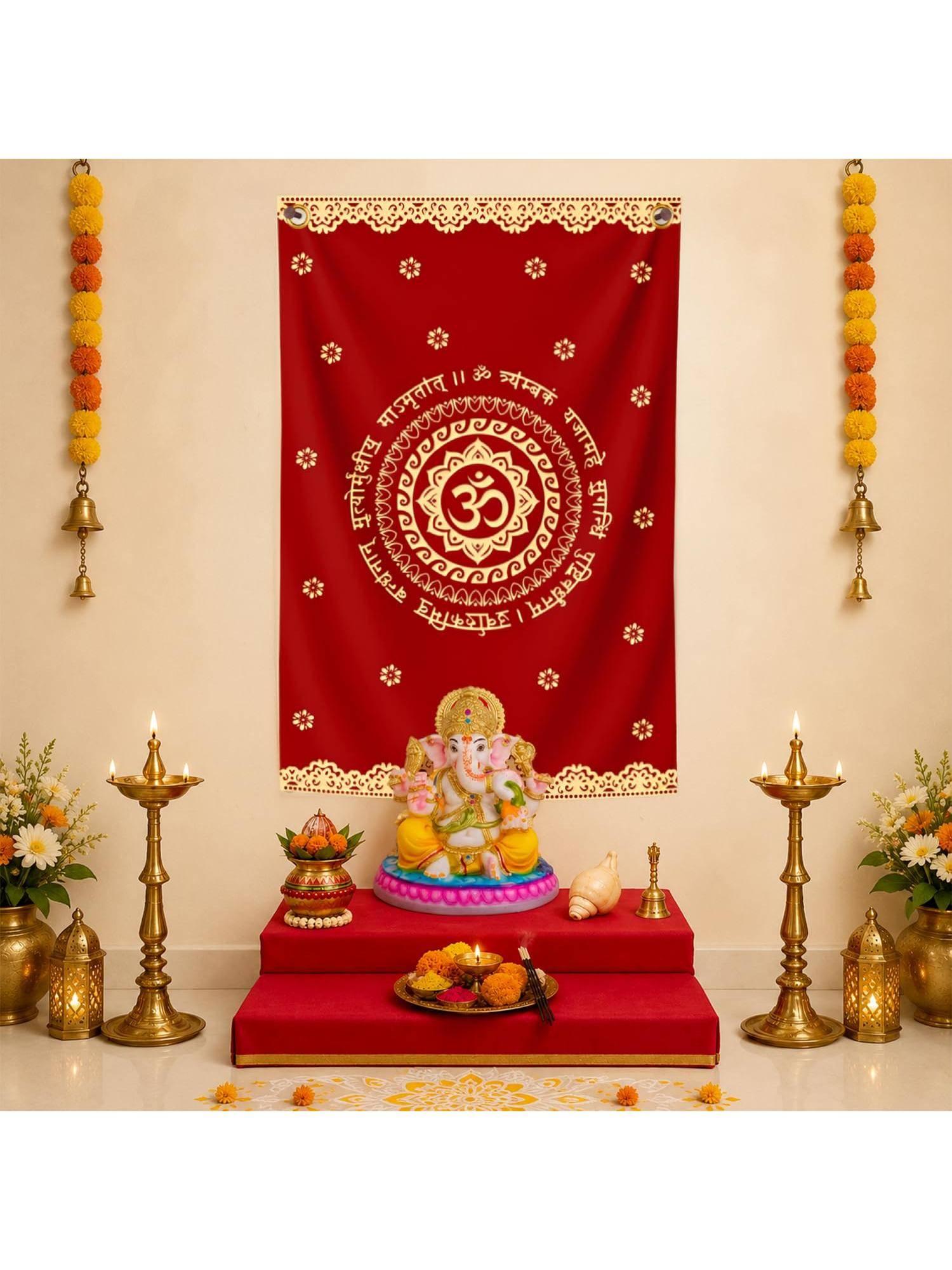 Special You Om Red Fabric Backdrop For Ganesh Chaturthi, Pooja & Temple