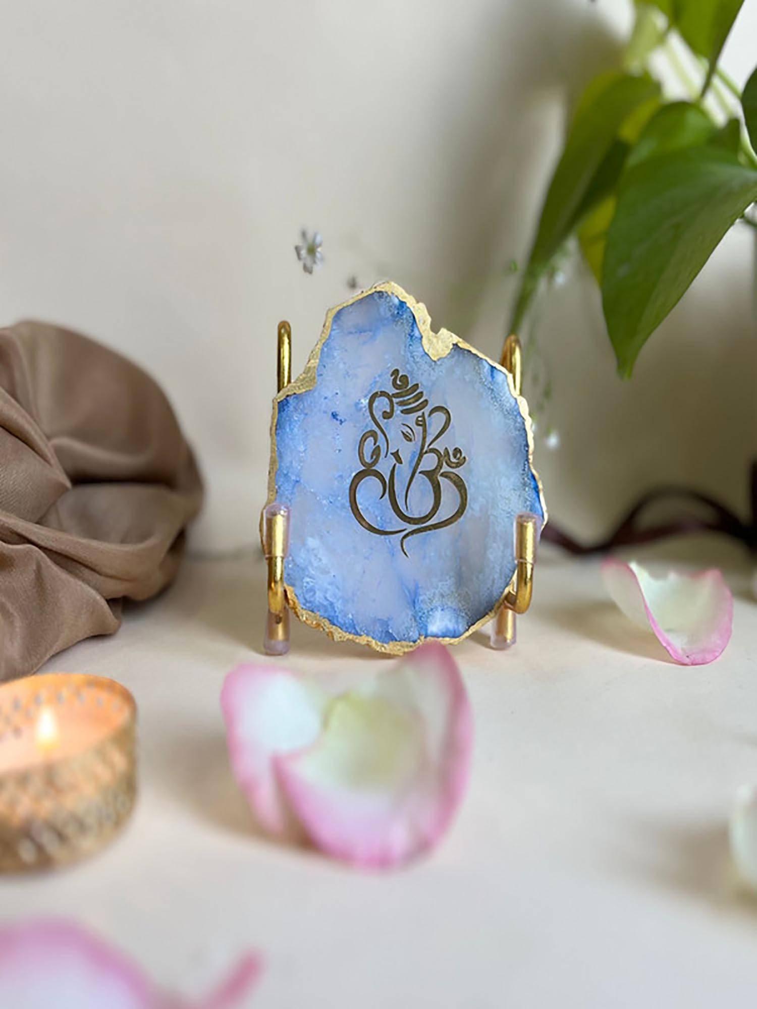 Homearte Ganesh Ji Agate Metal Stand Religious Showpiece-Blue