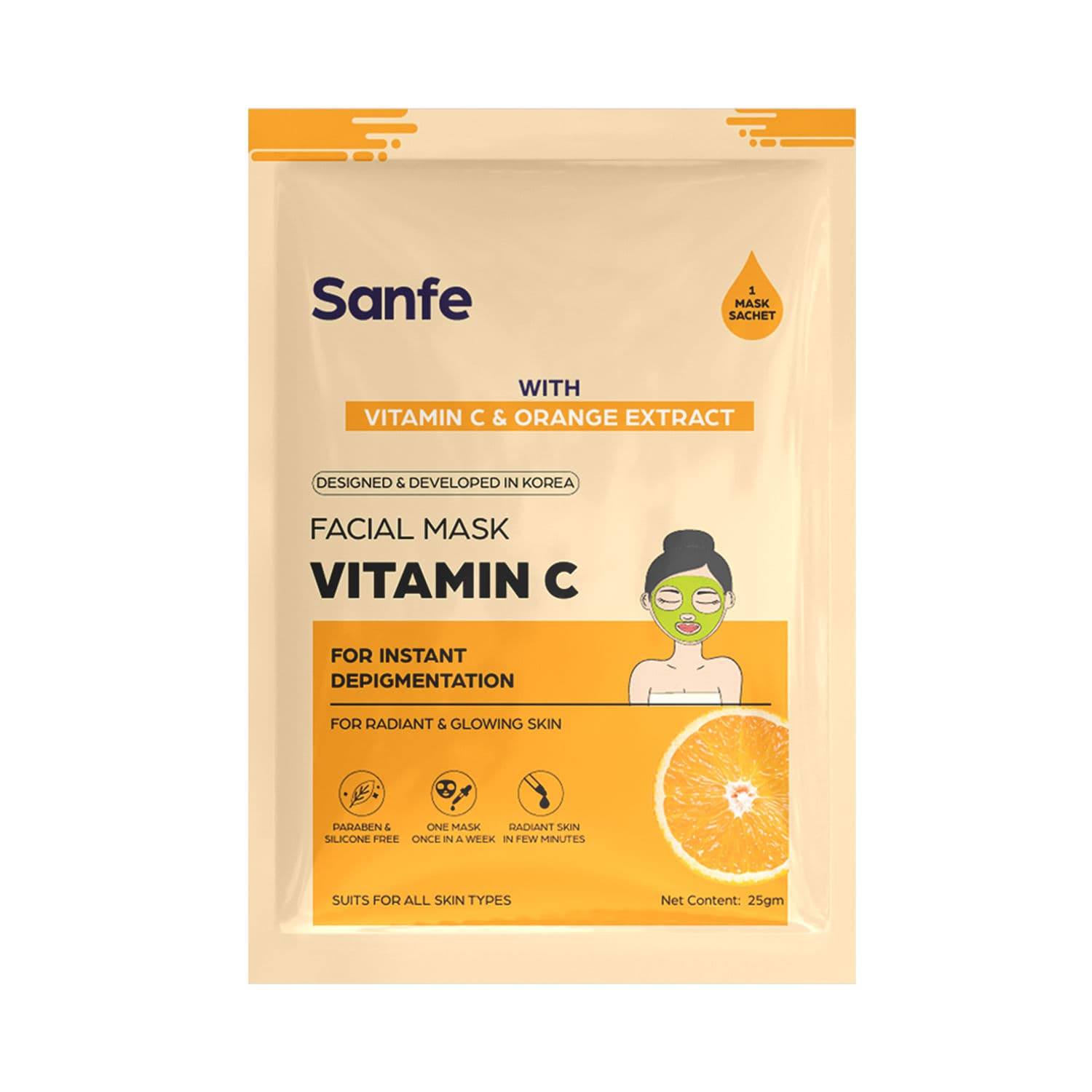Sanfe Vitamin C Face Sheet Mask, Korean Skincare For Instant Glow, Hydration & Brightening