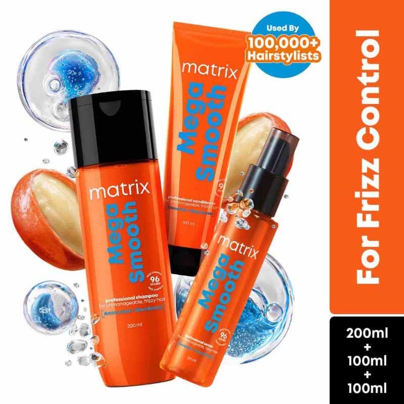 Matrix Mega Smooth Anti-Frizz Shampoo Conditioner Serum combo for 4-Days Frizz Control
