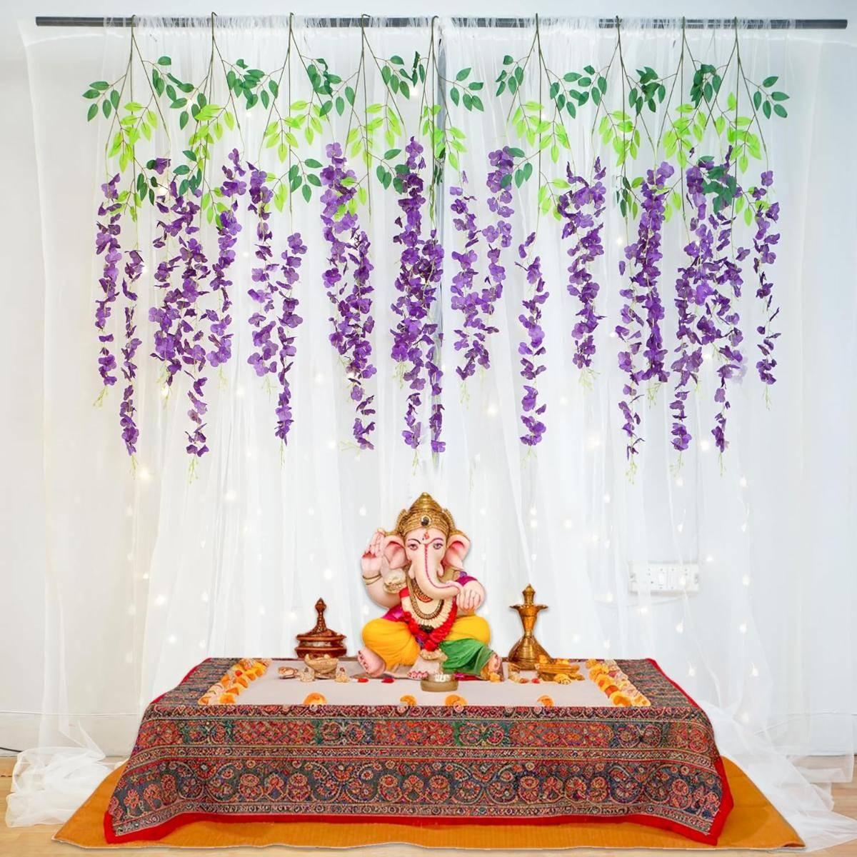 Special You Ganesh Chaturthi Decoration Setup With Net Curtains & Wisteria-12Pcs