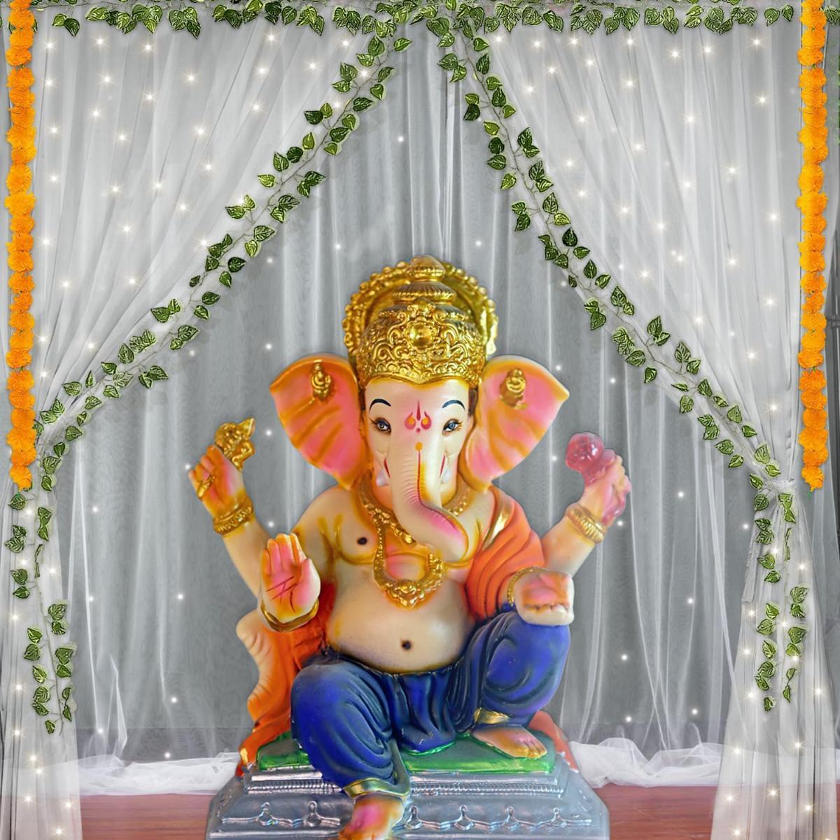 Special You Ganesh Chaturthi Decoration Setup Of Net Curtains& Green Vines-10Pcs