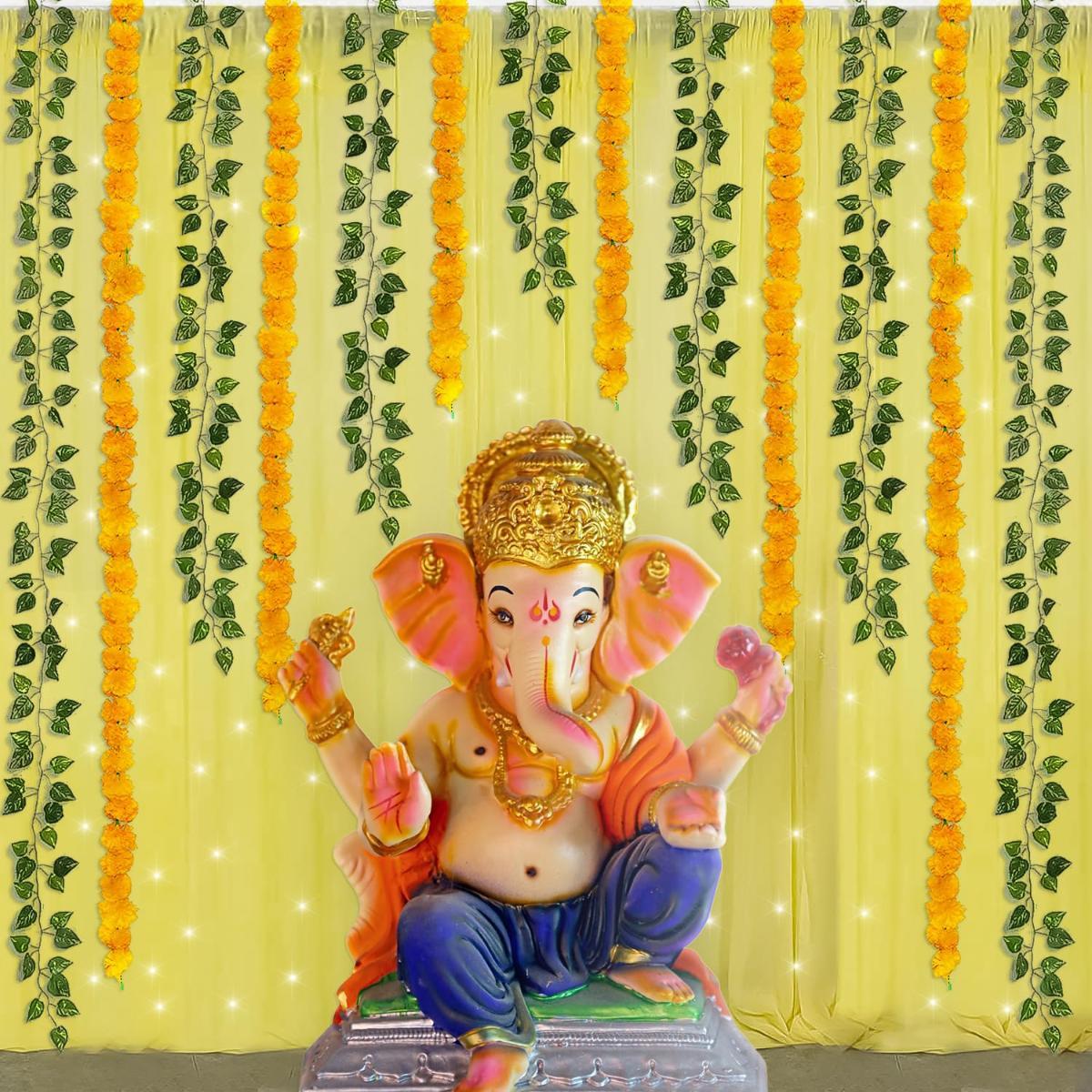 Special You Ganpati Decoration For Home Decor Items With Yellow Backdrop - 13Pcs