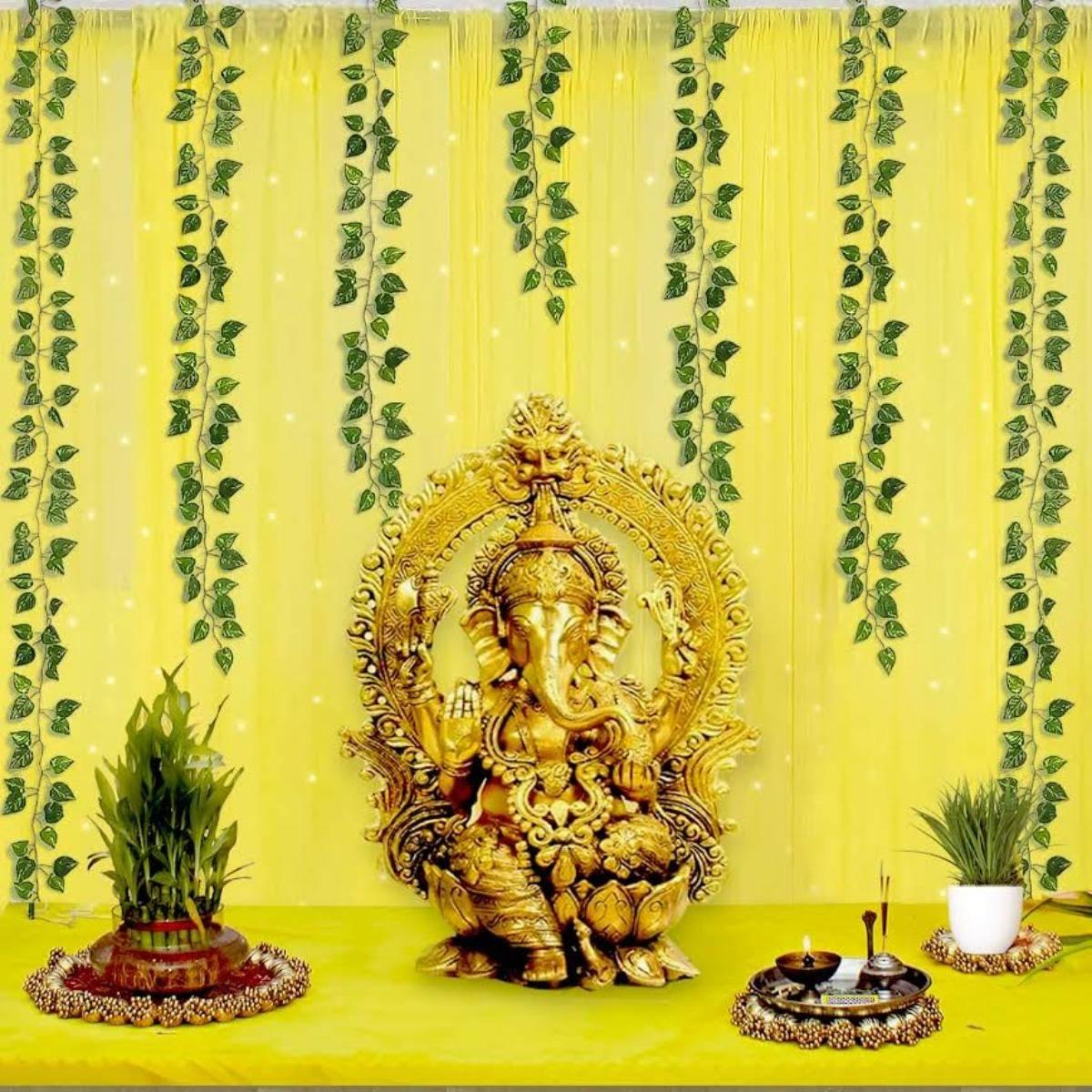Special You Ganesh Chaturthi Decoration Setup With Yellow Curtain & Vines-8Pcs