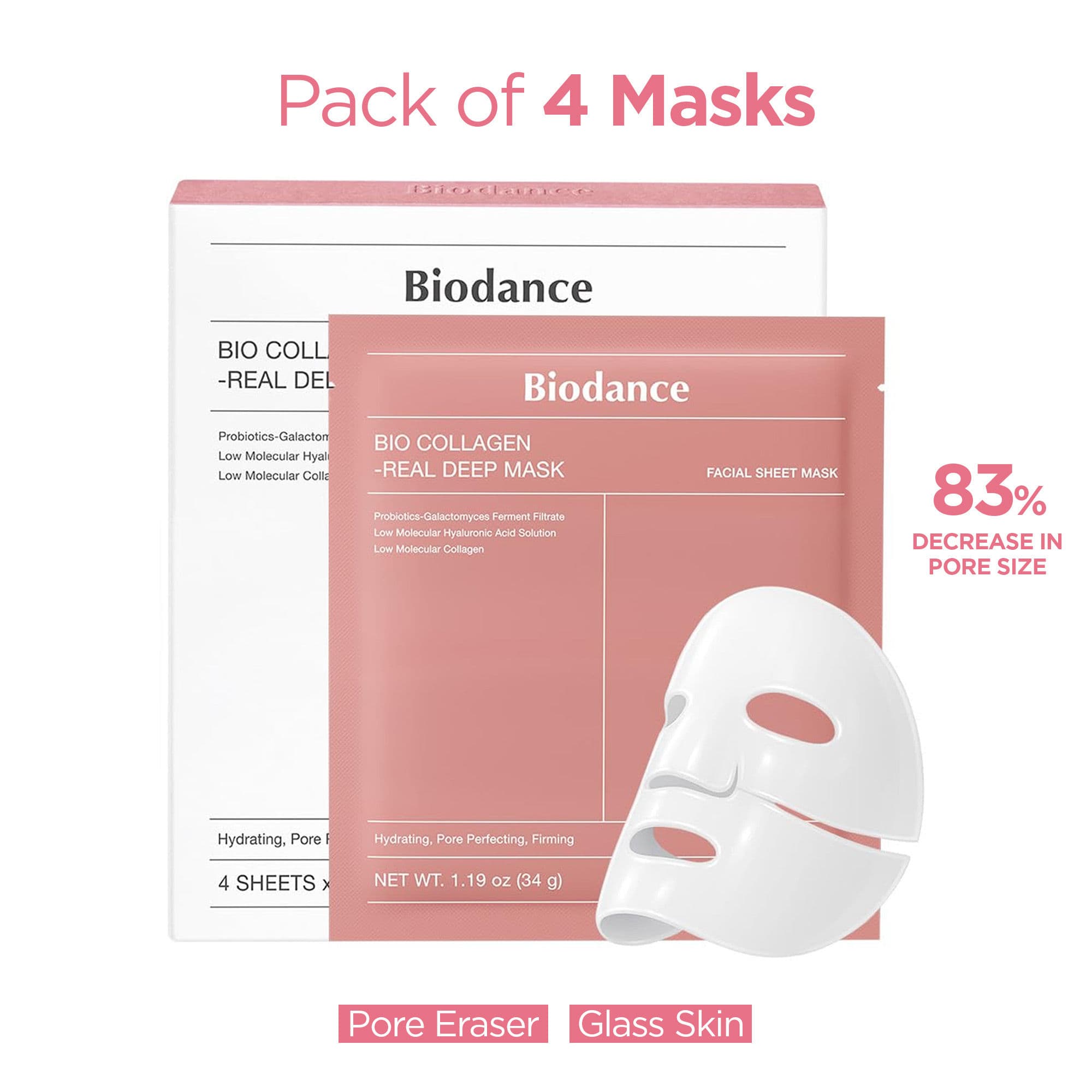 Biodance Bio-Collagen Real Deep Mask, Korean Anti-Aging Pore Care Overnight Sheet Mask - Pack of 4
