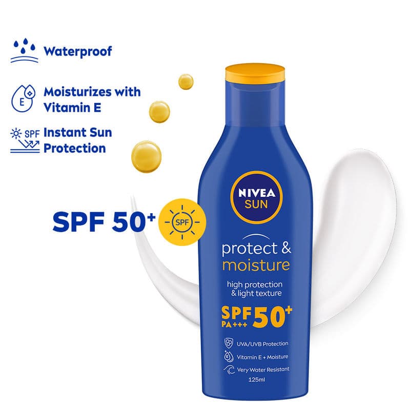 NIVEA SPF 50+ PA+++ Protect & Moisture Sunscreen-No White Cast, With Vitamin C & Hyaluron (125ml)