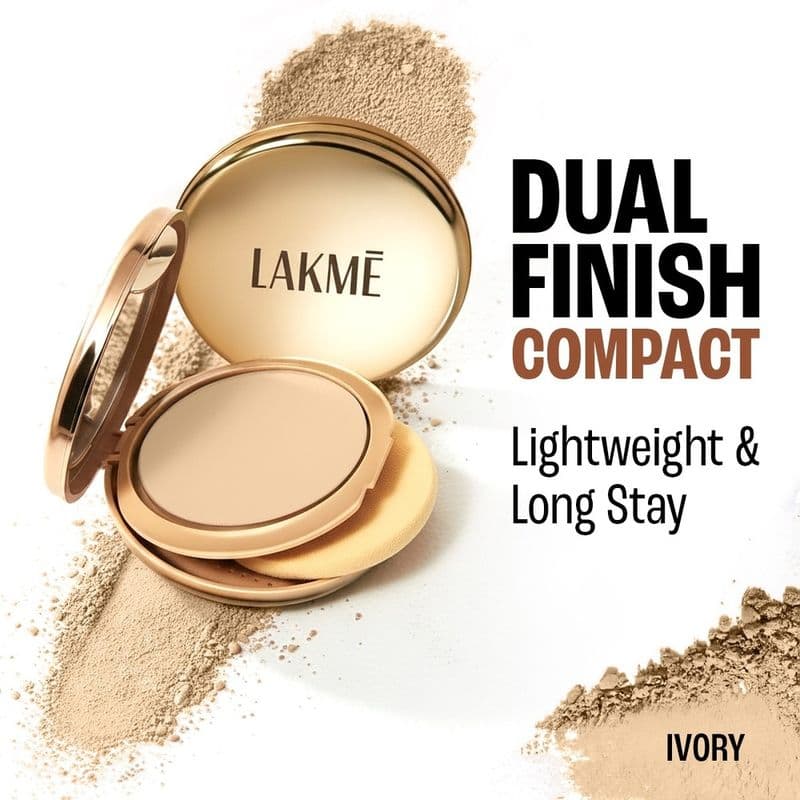 Lakme 9 To 5 Unreal Dual Cover Pressed Powder, 2 In 1 Compact + Foundation , 10 Ivory