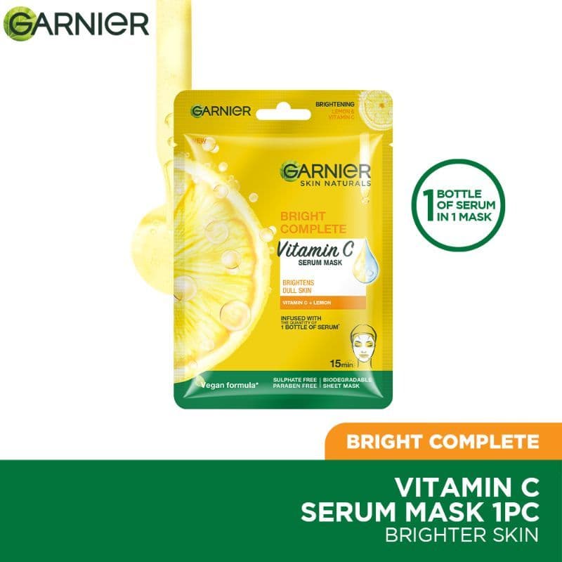Garnier Skin Naturals Bright Complete Vitamin C Face Serum Sheet Mask,Brightens and Spot Reduction