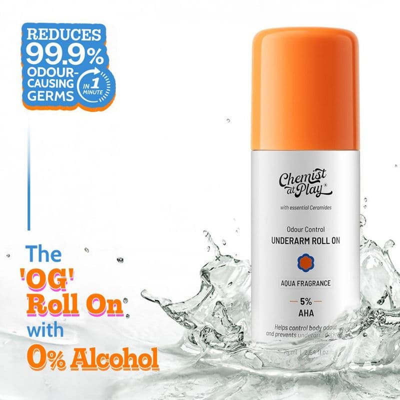 Chemist at Play 5% AHA Underarm Roll On, Vitamin C & Lactic Acid Treat Pigmentation & Odor Aqua
