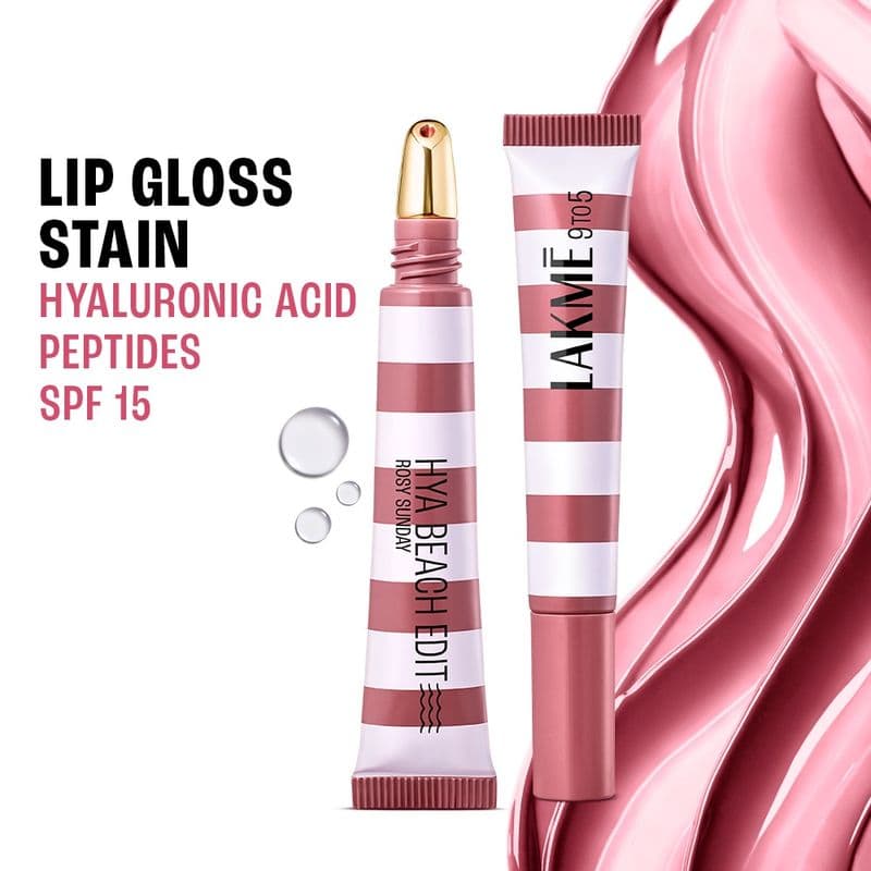 Lakme 9to5 Hya Beach Edit Lip Gloss Stain, Hydrating, Lasting Tint, SPF 15 - Rosy Sunday