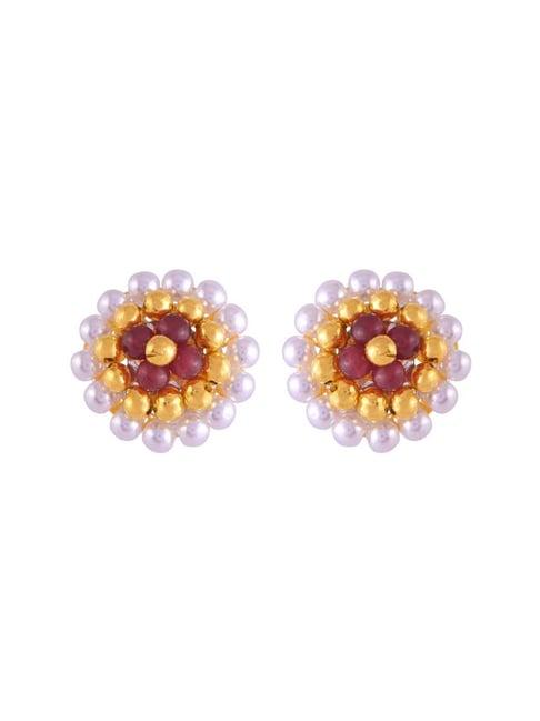 P.C Chandra Jewellers 22k Yellow Gold Regal Pearl & Red Beads Tushi Stud Earrings