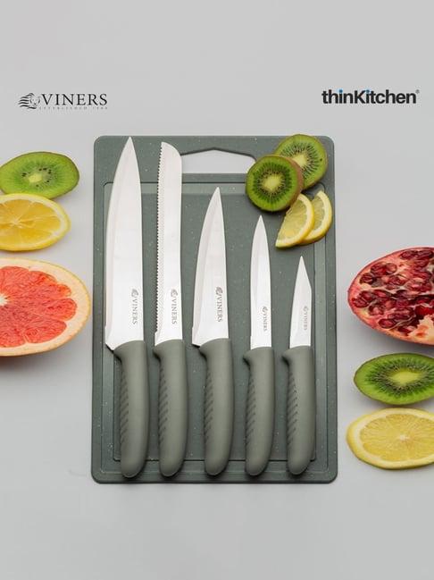 Premium 5-Piece Stainless Steel Knife with Chopping Board, Grey | Dishwasher Safe, Rust Resistant