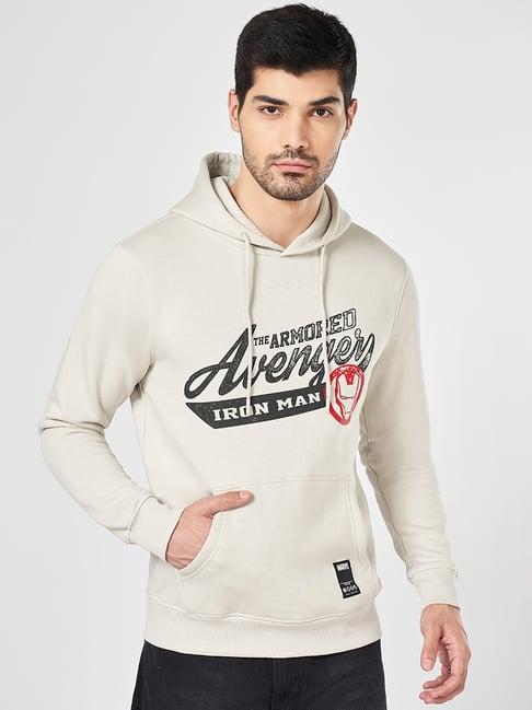Sf Jeans By Pantaloons Cream Cotton Regular Fit Printed Hooded Sweatshirt
