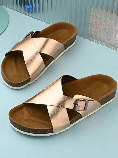 Hoversole Women's Xena Rose Gold Cork Cross Strap Sandals