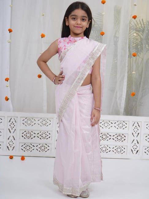 Little Bansi Girls Baby Pink Cotton Printed Saree