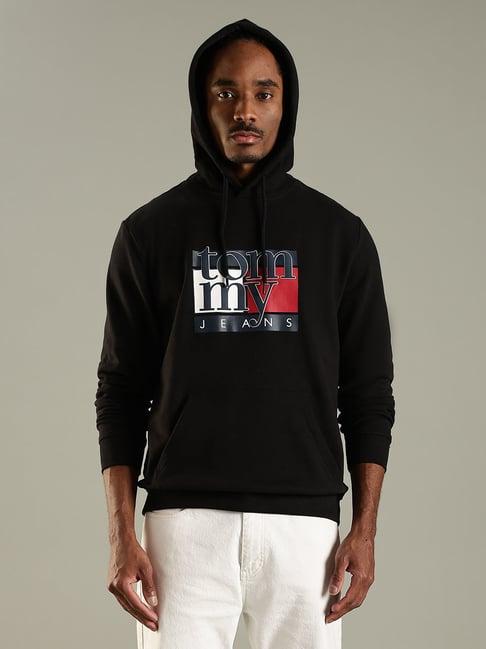 Tommy Hilfiger Black Cotton Regular Fit Logo Printed Hooded Sweatshirt