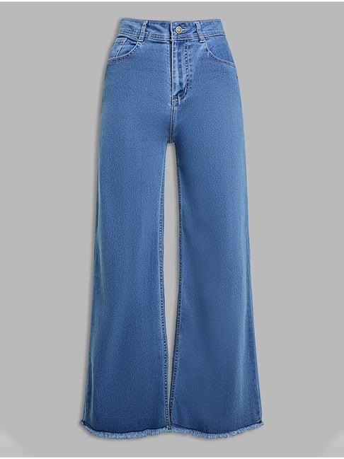 Miss Chase Blue Wide Leg High Rise Clean Look Regular Length Stretchable Denim Jeans