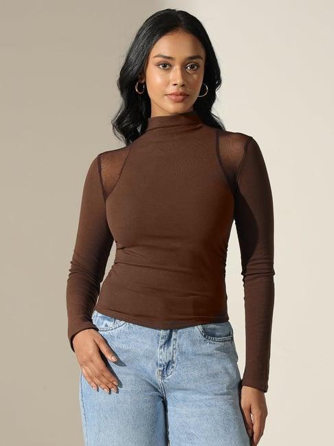 SHOWOFFFF Women's Brown Mock Neck Top with Mesh Shoulder Detail
