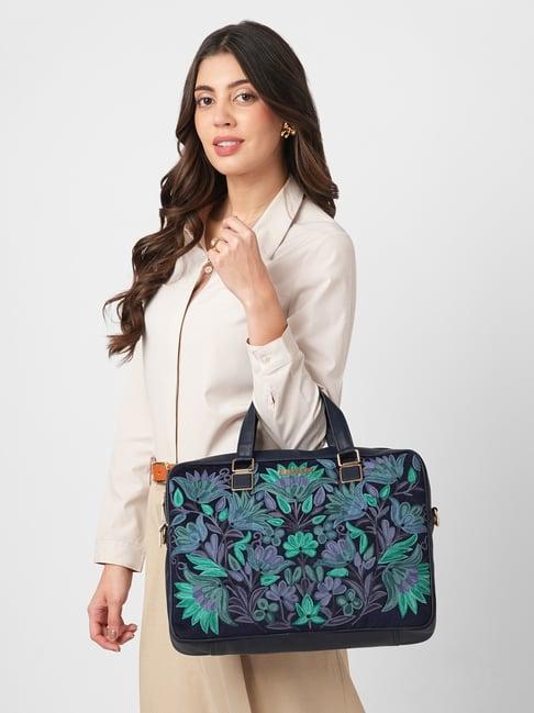 Caprese Blue Siji Tresna Embroidered Large Laptop Bag