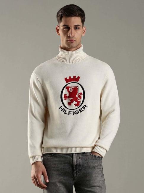 Tommy Hilfiger Off White Cotton Comfort Fit Logo Printed Sweater