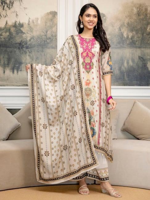 BERRYLICIOUS White Embroidered Three-Quarter Sleeves Kurta and Palazzo with Dupatta