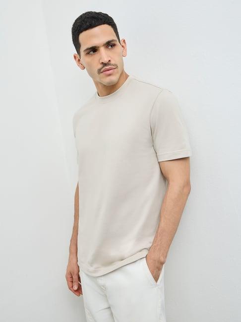 WES Casuals by Westside Light Taupe Solid Slim-Fit Cotton T-Shirt