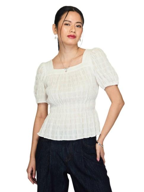 Roem Ivory Regular Fit Smocking Blouse