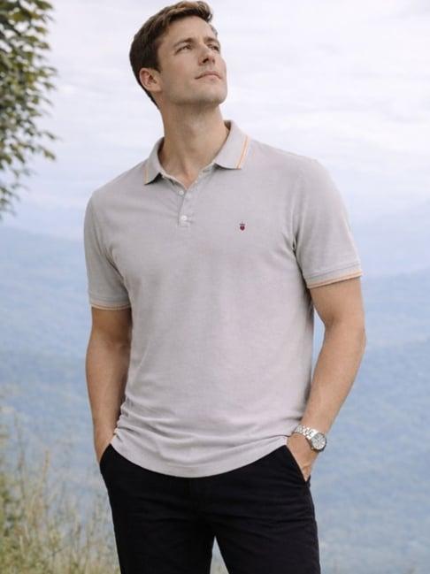 Louis Philippe Men's Grey Polo T-Shirt with Collar Tipping and Branding on Sleeve