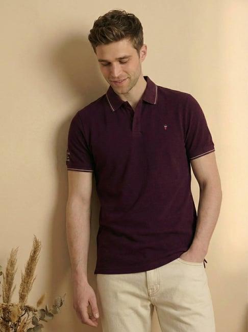 Louis Philippe Men's Maroon Polo T-Shirt with Collar Tipping and Branding on Sleeve