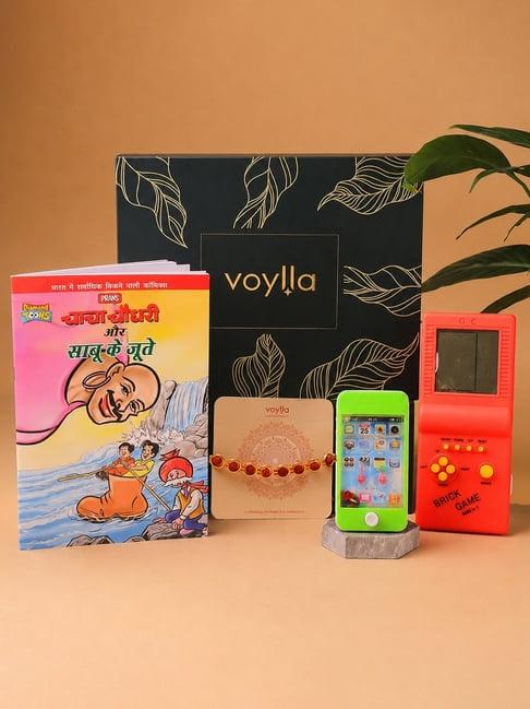 Voylla Fun & Faith Rudraksha Rakhi Comic Book & Two Gaming Consoles Hamper for Brother