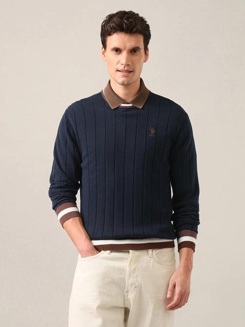 U.S. Polo Assn. Blue Cotton Regular Fit Self Pattern Sweater