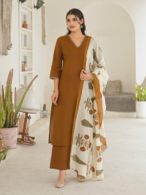 Skylee Womens Brown Regular Fit Lace Cotton Kurta Trouser With Dupatta