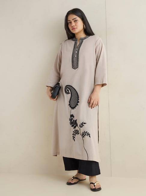 Diza by Westside Light Taupe Embroidered Cotton-Blend A-Line Kurta
