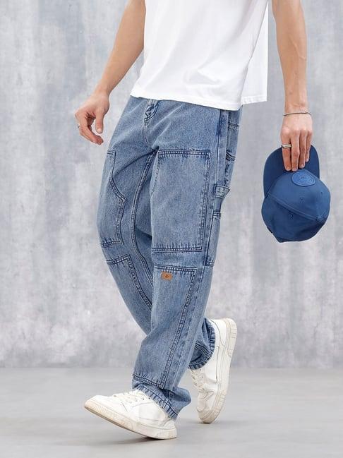 WROGN Mens Light Blue Loose Fit Solid Jeans