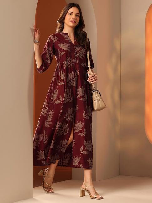 Libas Womens Maroon Flared Fit Floral Silk Blend Dress