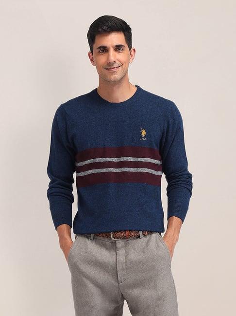 U S Polo Assn Mens Dark Blue Regular Striped Wool Sweater