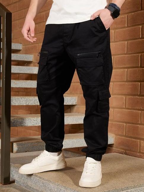 Wrogn Mens Black Relaxed Fit Solid Cargo Joggers