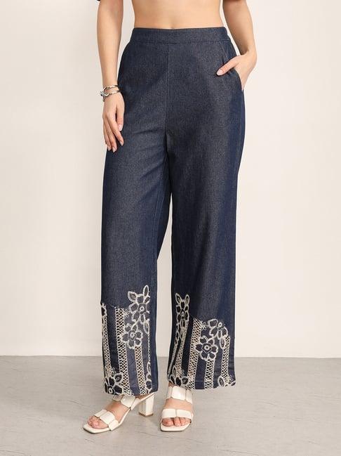 Kazo Blue Denim Comfort Fit Mid Rise Trousers