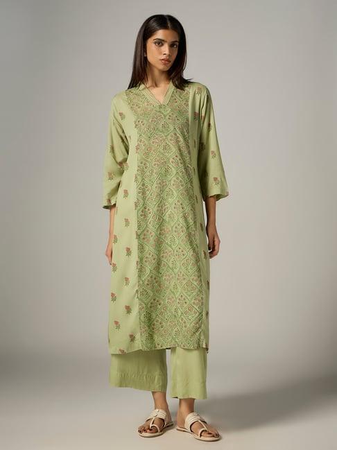 Zuba by Westside Light Green Floral Printed A-Line Kurta