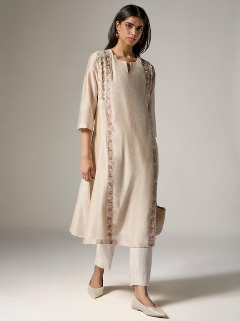 Zuba by Westside Off-White Floral Embroidered Silk Chanderi A-Line Kurta