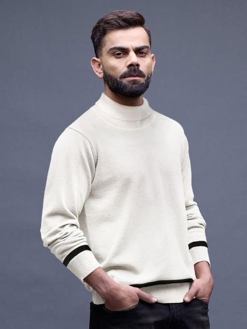 WROGN Mens Off White Slim Fit Solid Polyester Sweater