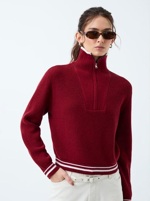 LOV by Westside Burgundy Knitted Quarter Zip Sweater