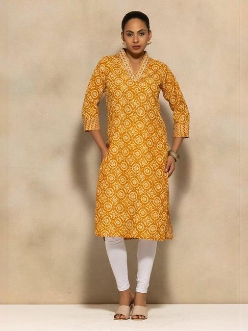 Sabhyata Mustard Cotton Regular Fit Printed Kurta